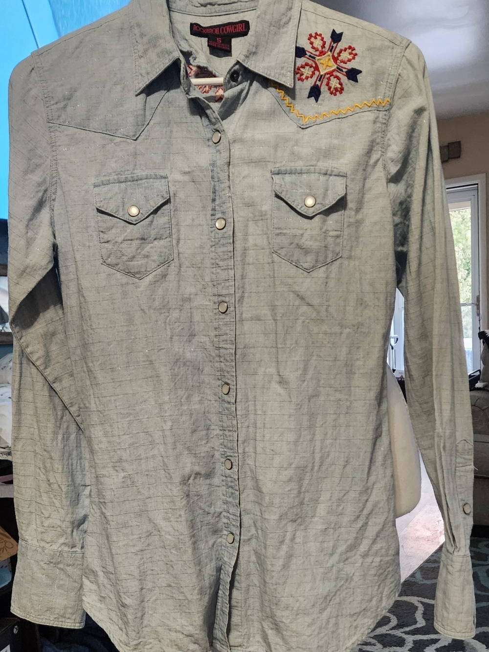 Rock & Roll Cowgirl Light Blue Western Embroidered Shirt Sz Small